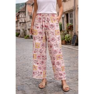 Linen Pull-On Pants Women’s Medium Elastic Waist Summer European Floral Pockets